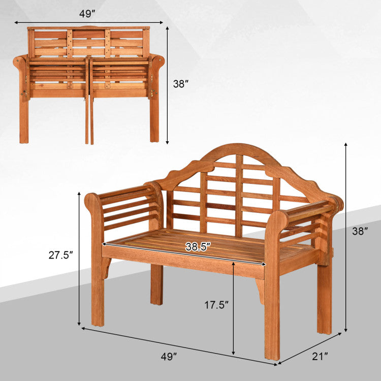 49 Inch Eucalyptus Wood Outdoor Folding Bench with Backrest Armrest for Patio Garden