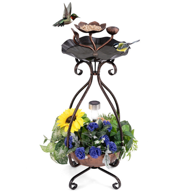 Solar Outdoor Bird Bath Feeder Combo with Flower Planter Pedestal and Solar Lights