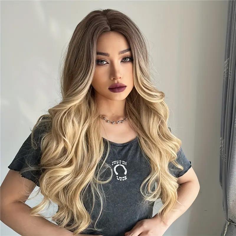 26 Inch Long Ash Blonde Wig with bangs Natural Wavy Hair - Perfect for Daily Wear and Middle Part Style