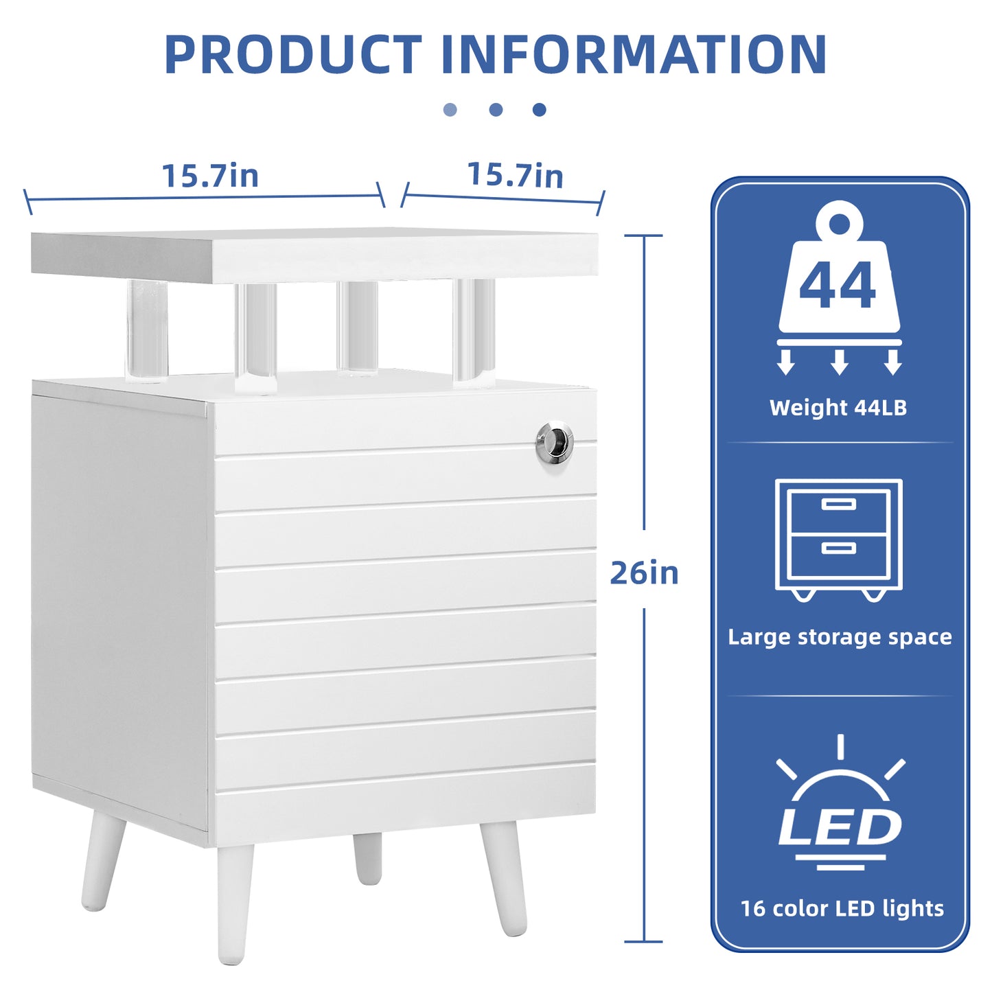 LED Nightstand LED Bedside Table End Tables Living Room with 4 Acrylic Columns, Bedside Table with Drawers for Bedroom White