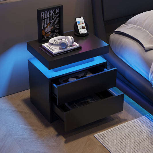 Nightstand LED Bedside Table Cabinet Lights Modern End Side with 2 Drawers for Bedroom (Black)