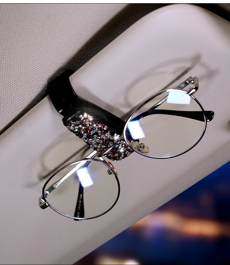 Bling Bling Crystal Rhinestone Car Glasses Case Holder Clip Vehicle Sun Visor Sunglasses Eyeglasses Glasses Auto Fastener